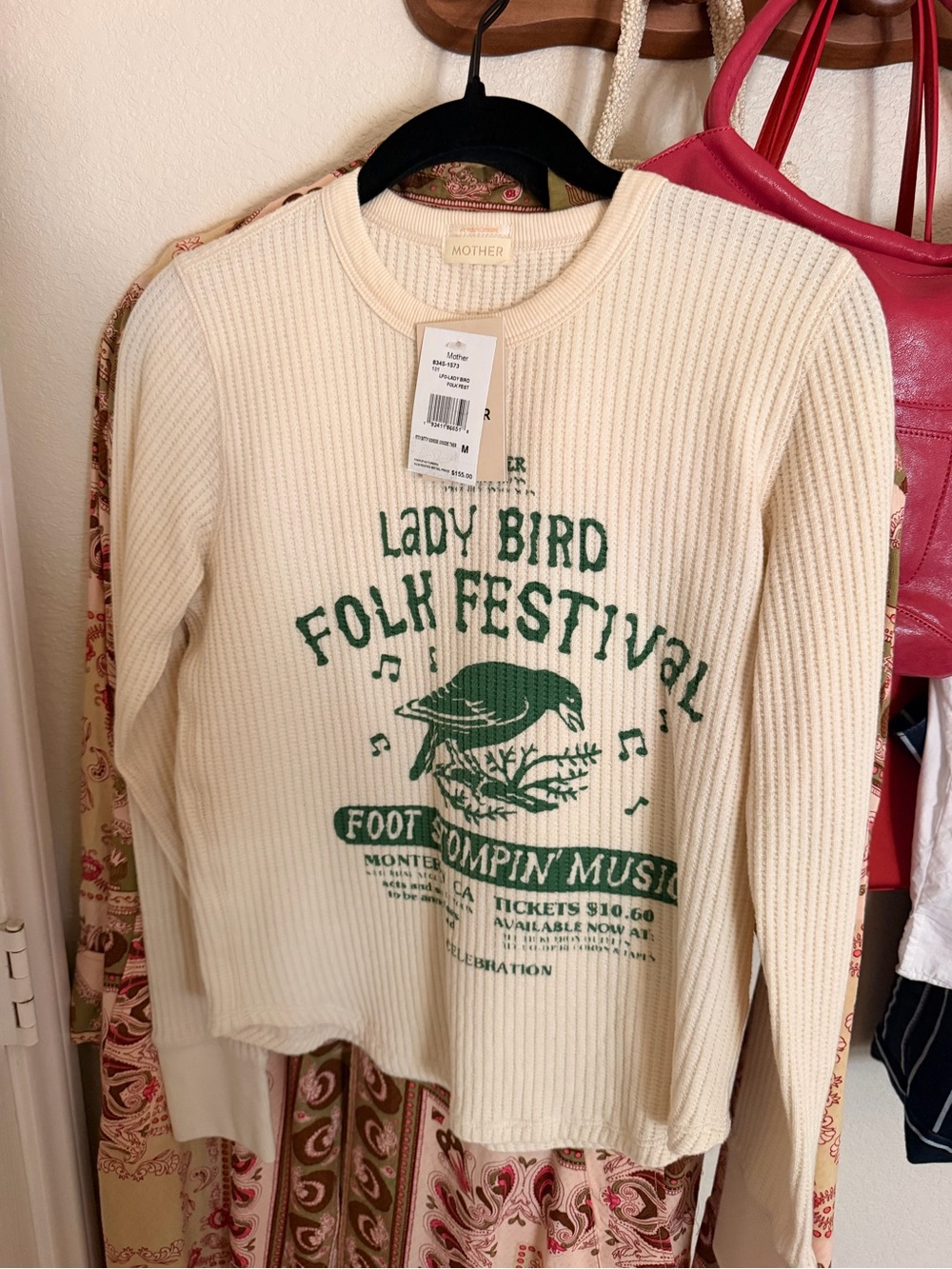 NWT Mother Lady Bird Folk Festival Cream Graphic Thermal Sweater - Picture 4 of 5